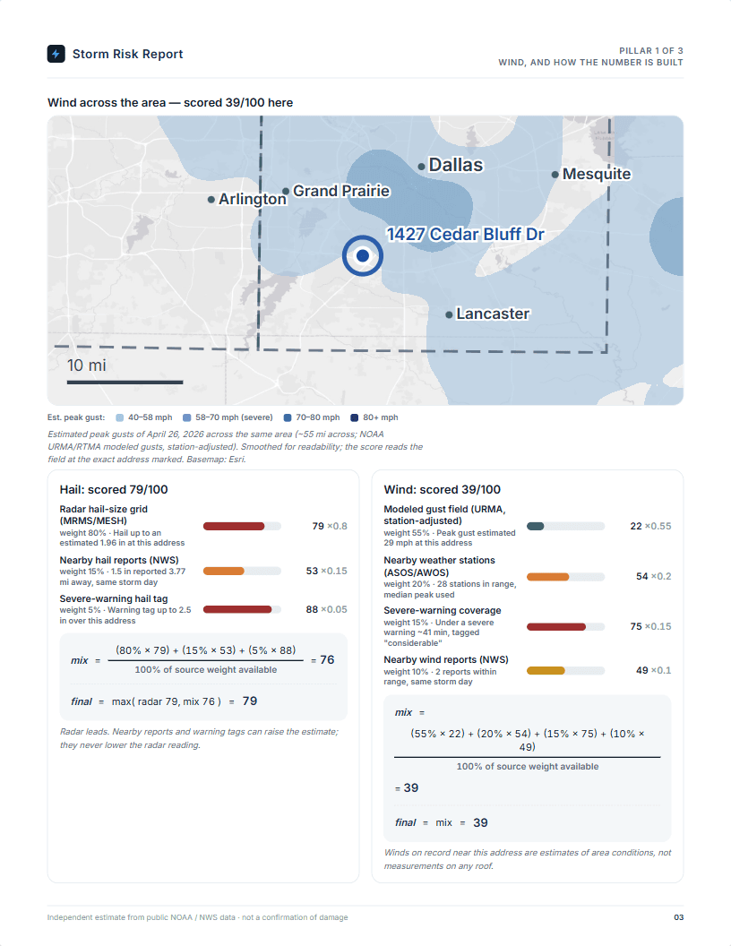 Storm Risk Report page 3 — wind map and the hail and wind score formulas